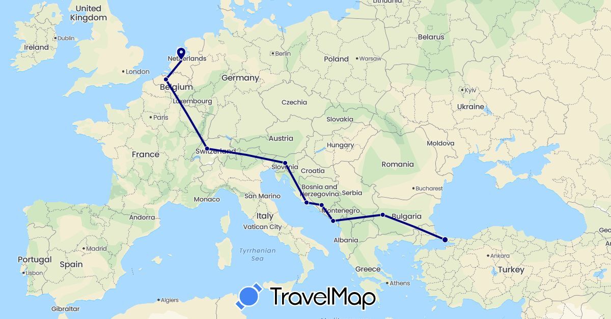 TravelMap itinerary: driving in Bosnia and Herzegovina, Belgium, Bulgaria, Switzerland, Croatia, Montenegro, Netherlands, Slovenia, Turkey (Asia, Europe)